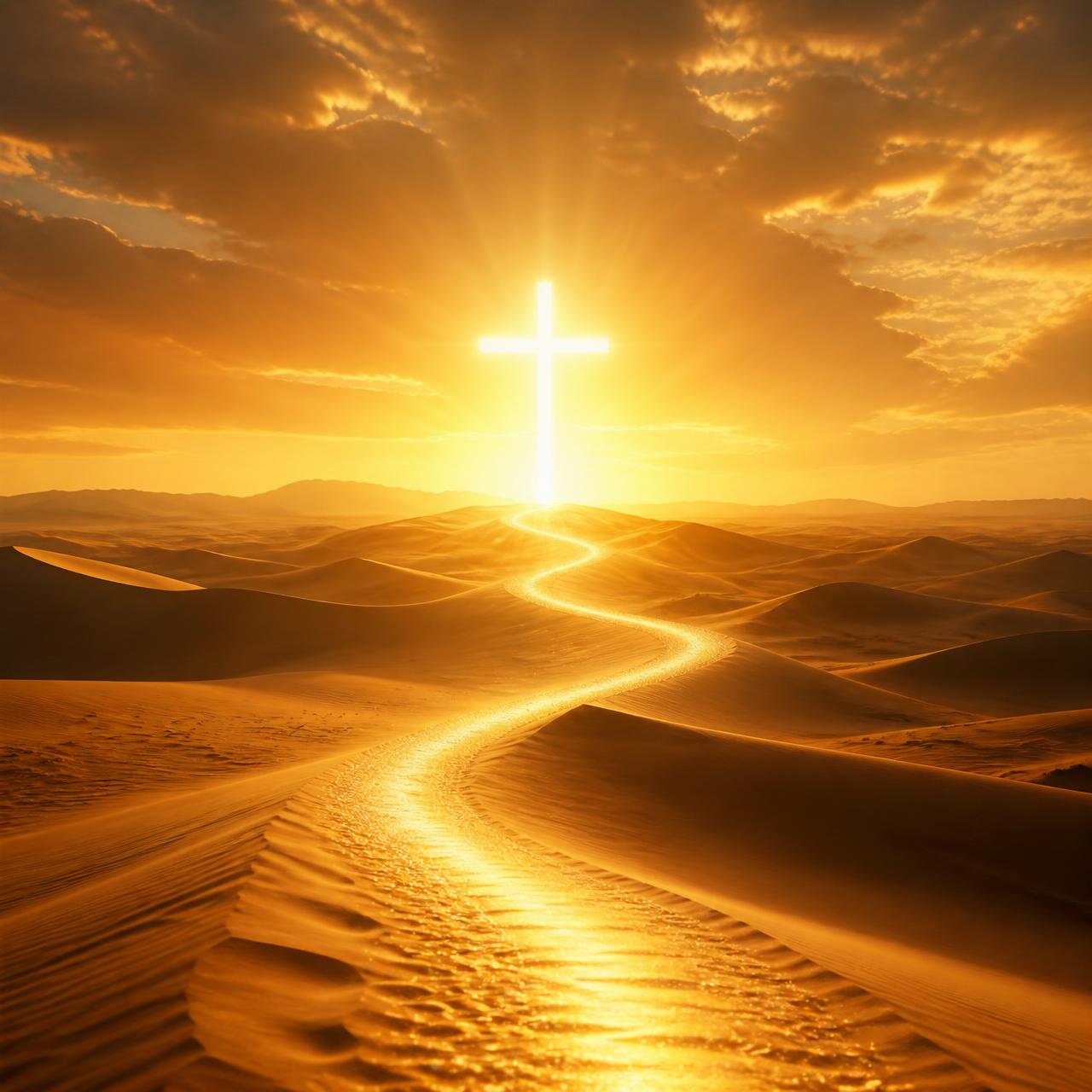 Amanhecer dourado sobre dunas, com um caminho de luz que leva a uma cruz no horizonte